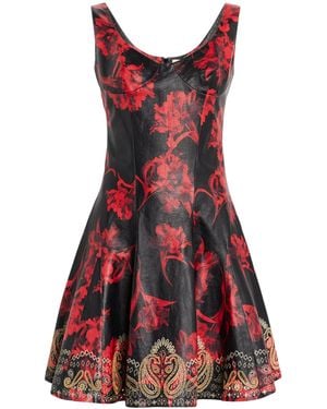 Roberto Cavalli Micro Parrot Tulip Print Leather Dress - Red
