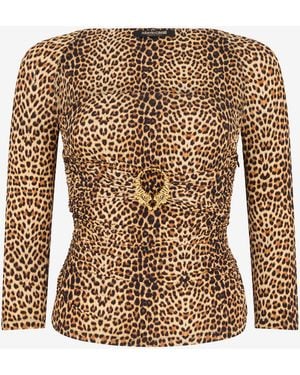 Roberto Cavalli Long-Sleeve Top With Baby Jaguar Print - Brown