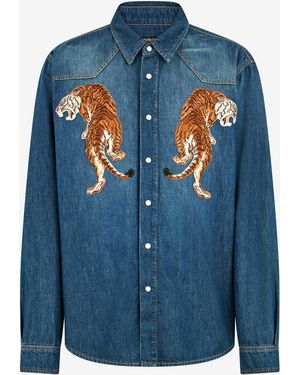 Roberto Cavalli Denim Shirt With Tiger Embroidery - Blue