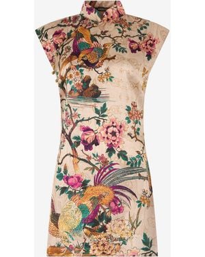 Roberto Cavalli Oriental Bird Print Silk Mini Dress - White