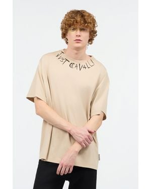 Roberto Cavalli Distressed Crew-Neck T-Shirt With Logo - Natural
