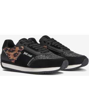Roberto Cavalli Sneakers With Jaguar Skin And Glitter Insert - Black