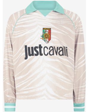 Roberto Cavalli Sports Jersey With Natural Barb Print And Jc Logo - White