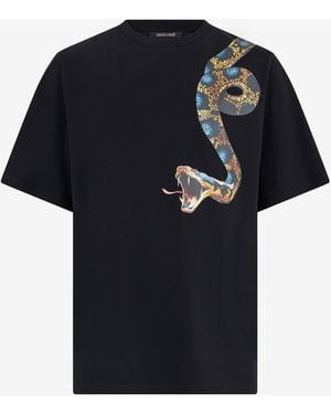 Roberto Cavalli Cotton T-Shirt With Snake Print - Black