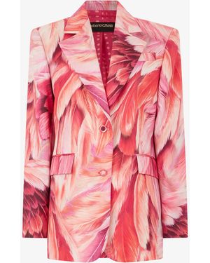 Roberto Cavalli Veste En Soie Avec Imprimé Plumage - Rose