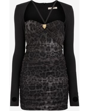 Roberto Cavalli Mini Abito Con Arricciature E Stampa Jaguar - Nero