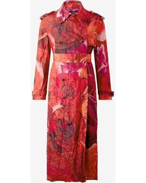Roberto Cavalli Long Crinkle-Effect Trench Coat With Rose Print - Red