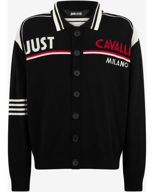 Roberto Cavalli Knit Cardigan With Polo Collar And Logo - Black