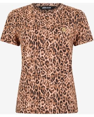 Roberto Cavalli Cotton T-Shirt With Leopard Skin Print - Multicolour