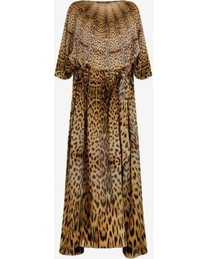 Roberto Cavalli Long Silk Dress With Jaguar Skin Print - Natural