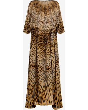 Roberto Cavalli Long Silk Dress With Jaguar Skin Print - Natural