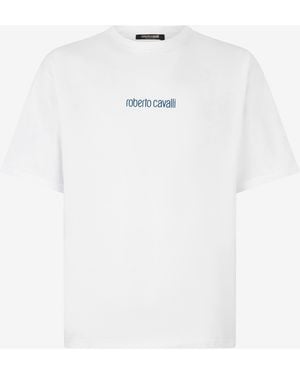 Roberto Cavalli Cotton T-Shirt With Dragon And Logo - White