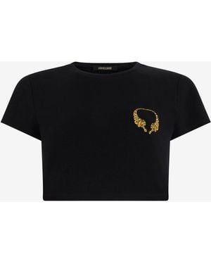 Roberto Cavalli Cotton Crop Top With Tigers - Black
