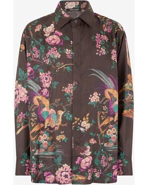 Roberto Cavalli Silk Shirt With Oriental Bird Print - Brown