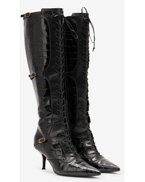 Roberto Cavalli Pointed Lace-Up Boots With Crocodile Effect - Black