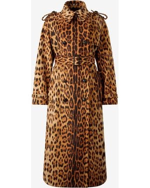 Roberto Cavalli Long Trench Coat With Jaguar Skin Print - Brown