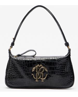 Roberto Cavalli Croc-Effect Shoulder Bag With Mirror Snake Monogram - Black