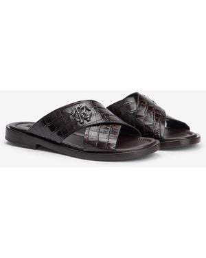 Roberto Cavalli Dark Crocodile-Effect Leather Slide Sandals - Black