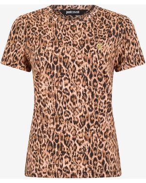 Roberto Cavalli Cotton T-Shirt With Leopard Skin Print - Multicolour