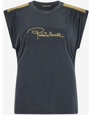 Roberto Cavalli Anthracite T-Shirt With Studded Shoulders - Blue