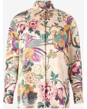 Roberto Cavalli Silk Shirt With Oriental Bird Print - White