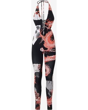 Roberto Cavalli Jumpsuit With All-Over Dragon - Red