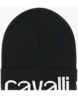 Roberto Cavalli Wool Blend Beanie With Logo - Black