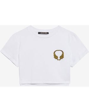 Roberto Cavalli Cotton Crop Top With Tigers - Blue