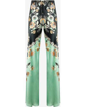Roberto Cavalli Silk Pants With Kimono Print - Green
