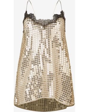 Roberto Cavalli Golden Top With Lace And Sequins - Natural