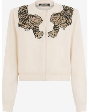 Roberto Cavalli Cárdigan De Lana Con Bordado De Tigre - Neutro