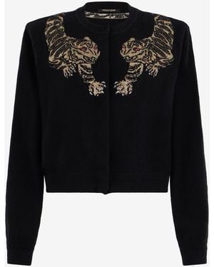 Roberto Cavalli Cardigan En Laine Avec Broderie Tigre - Noir