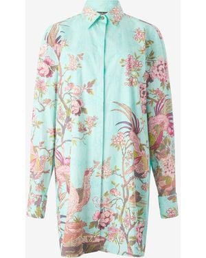 Roberto Cavalli Shirt Dress With Oriental Bird Print - Blue