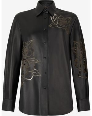 Roberto Cavalli Leather Shirt With Perforated Roses - Black