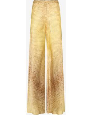 Roberto Cavalli Wide-Leg Silk Trousers With And Sand Serpentine Print - Metallic