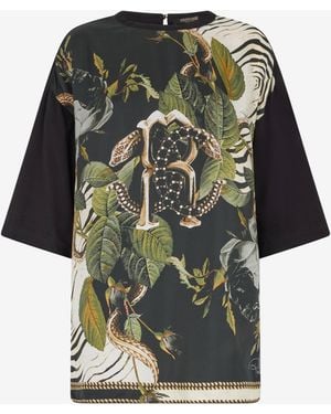 Roberto Cavalli T-Shirt With Mirror Snake Monogram And Jungle Print - Multicolour