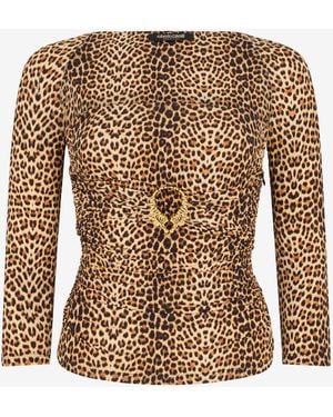 Roberto Cavalli Long-Sleeve Top With Baby Jaguar Print - Brown
