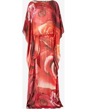 Roberto Cavalli Abito Lungo Con Stampa Rose - Rosso
