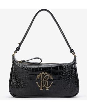 Roberto Cavalli Croc-Effect Shoulder Bag With Mirror Snake Monogram - Black