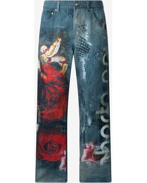 Roberto Cavalli Jeans With Rose And Snake Print - Blue