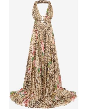 Roberto Cavalli Jaguar Roses Print Silk Dress - Natural
