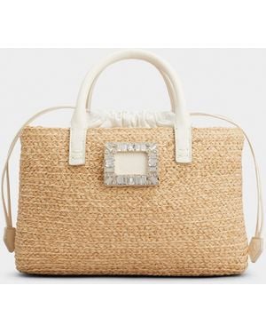 Roger Vivier Viv' Skate Strass Buckle Small Shopping Bag In Raffia Whitebeige - Bags - Natural