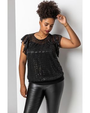 Roman Curve Frill Plisse Blouson Top - Black