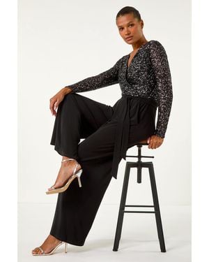 Roman Sequin Wrap V-Neck Stretch Jumpsuit - Black