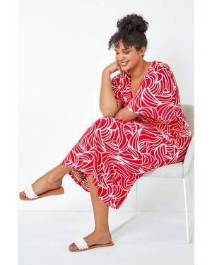 Roman Curve Linear Print Midi Wrap Dress - Red