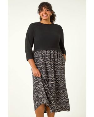 Roman Curve Contrast Print Skirt Midi Dress - Black