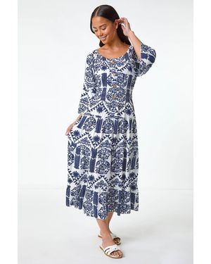 Roman Petite Abstract Print Button Midi Dress - Blue