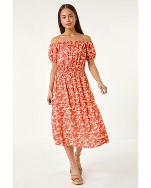 Roman Petite Ditsy Bardot Midi Dress - Red