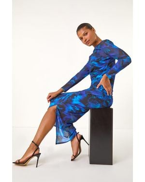 Roman Printed Ruched Mesh Pencil Skirt - Blue