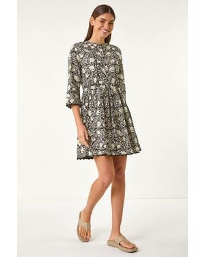 Roman Floral Frill Buttoned Smock Dress - Black